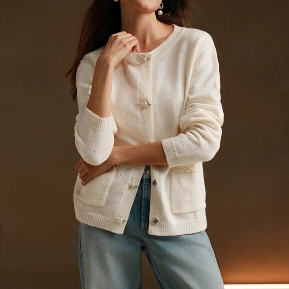 Apricot Casual Women's Solid Color Pearl Decor Crew Neck Long Sleeve Cardigan - Picture 1 of 7